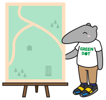 Anteater in a Green Dot shirt presenting an animated map with red dots changing to green dots.